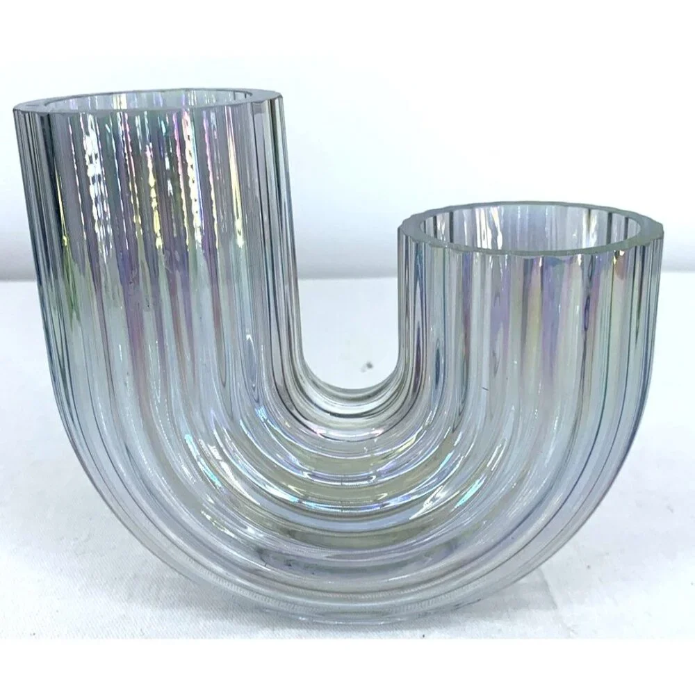 IKEA Raffelbjork Iridescent Glass Vase 4¾” J Shape Ribbed Mother-of-Pearl